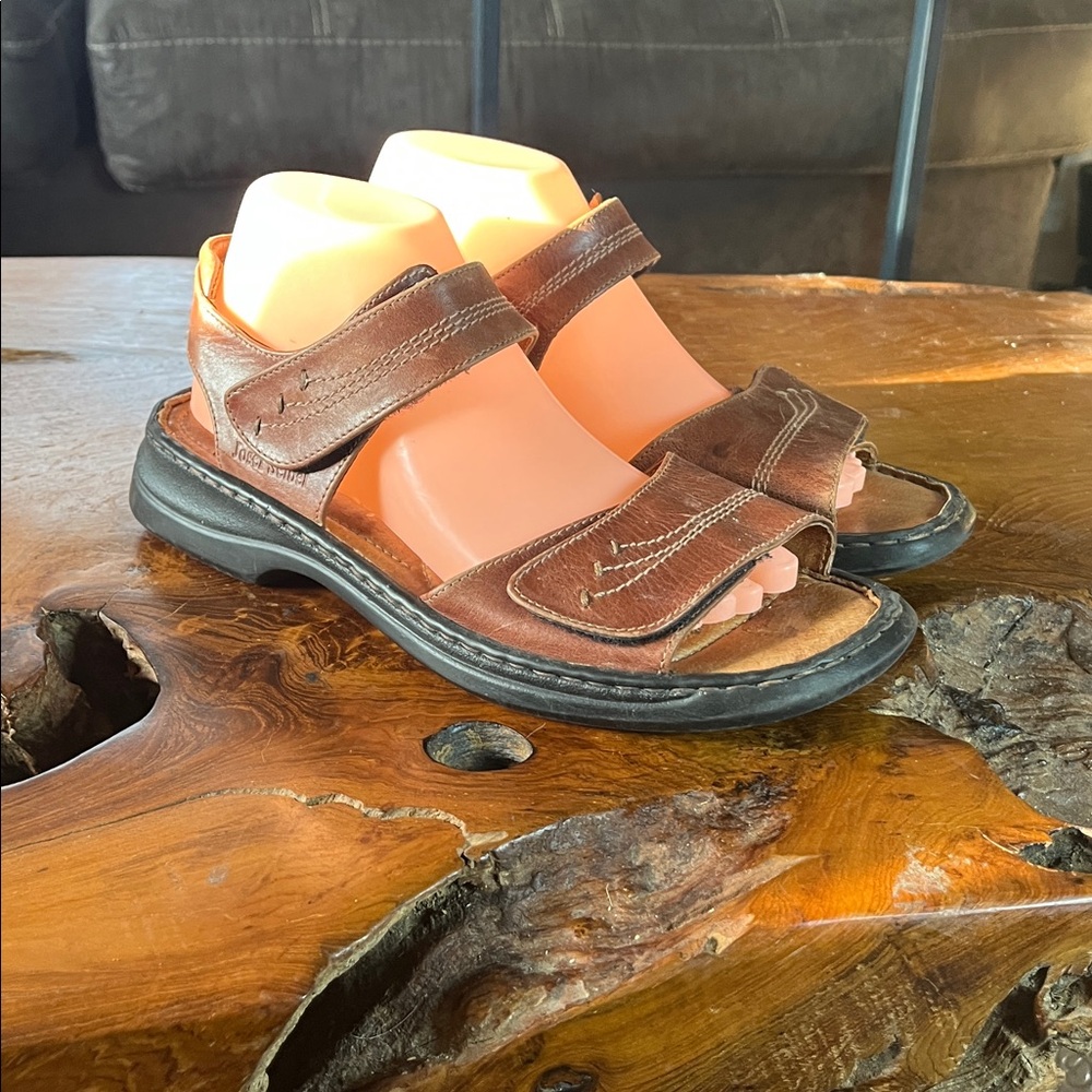 Josef Seibel Brown Leather Comfort Sandals Size 40 Minimalist Hook & Loop Straps